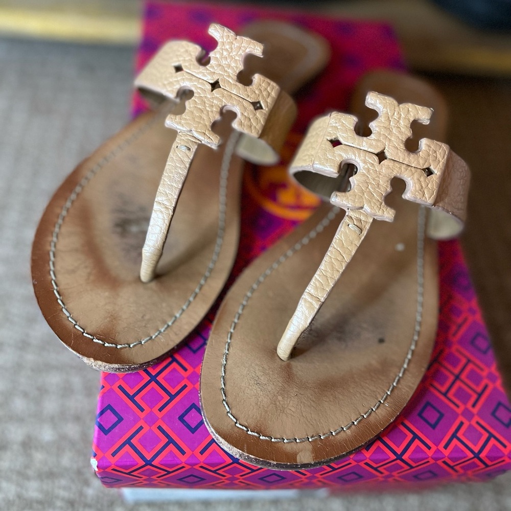 Women’s Tory Burch Moore Flat Thong Sandals Elba tumbled leather size 8 - Picture 2 of 10